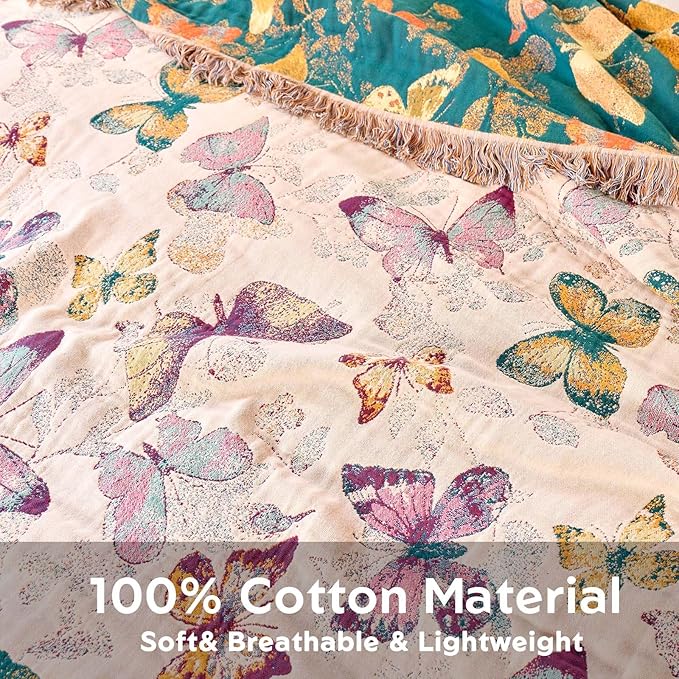 Boho Butterfly Throw Blanket 50"x60" Couch Blanket,100% Cotton Reversible Soft Breathable Lightweight Spring Decorative Blankets with Tassels for Sofa Bed Decor All Season
