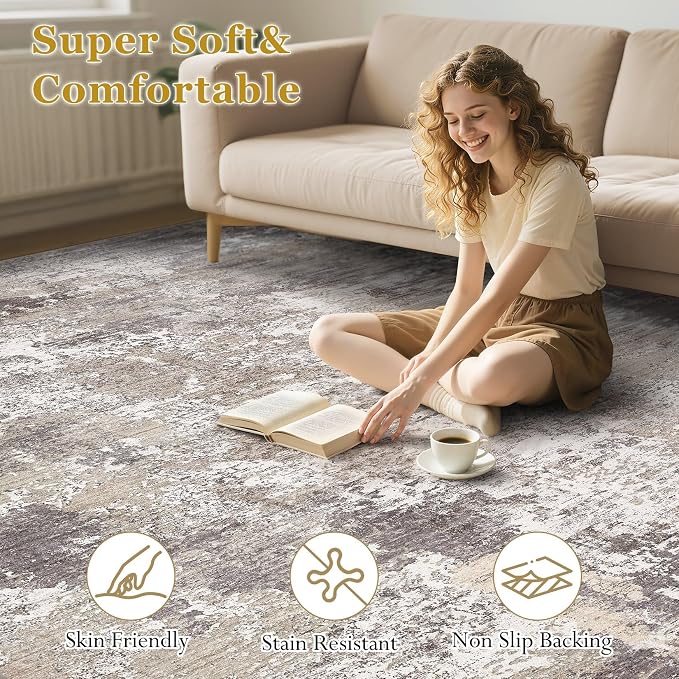 9x12 Area Rugs for Living Room - Washable Living Room Rug 9x12, Large Abstract Modern Neutral Soft Carpet with Non-Slip Backing, Stain Resistant for Bedroom Dining Indoor Decor (Light Brown)