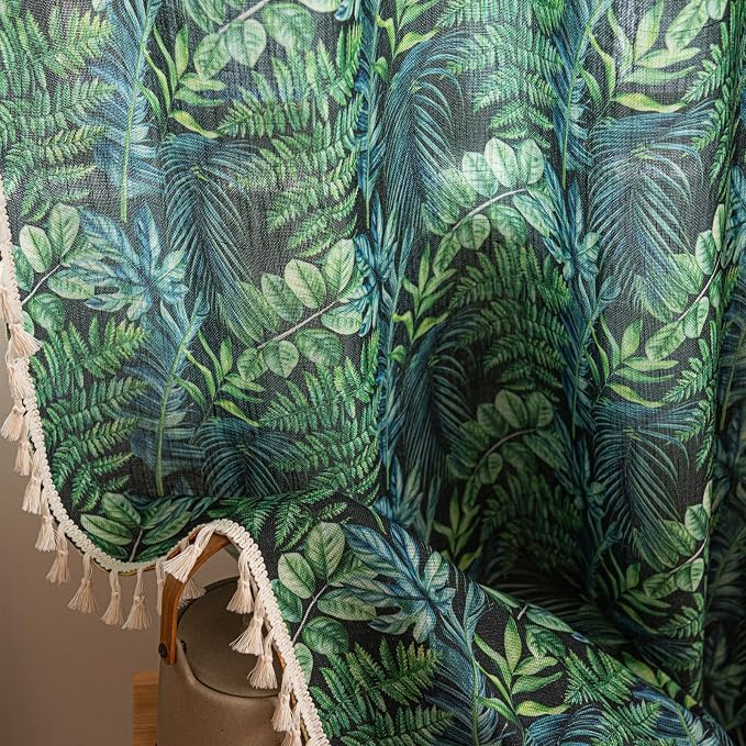 Deeprove Boho Curtains Pair Tropical Botanical Leaves Print 84 Inches Long with Tassels Window Treatments for Bedroom Living Room Home Office Cafe Decor Privacy 2 Panels Draperies 52W x 84L