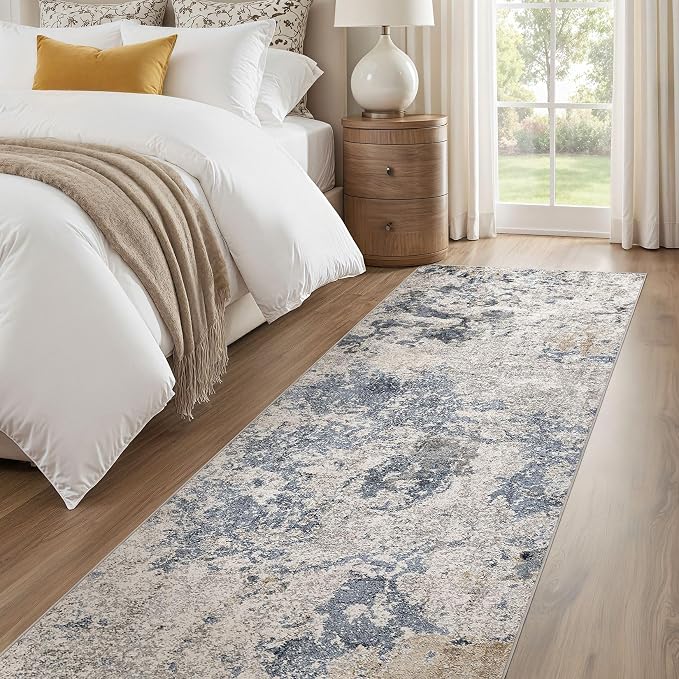 Hallway Washable Runner Rug: 3x8 Abstract Modern Soft Stain Resistant Non-Slip Backing Runner for for Entryway Kitchen Laundry - Blue Brown