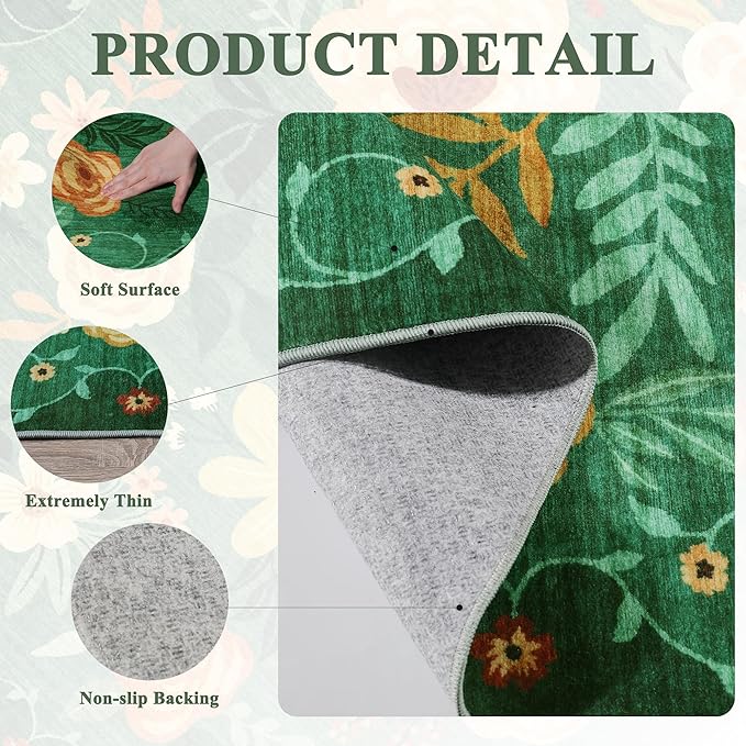 DUKINO 2x6 Runner Rug for Hallway, Washable Kitchen Runner Rug with Non Slip Backing, Low Pile Soft Boho Floral Runner for Kitchen, Hallway, Entryway, Laundry, Bedroom, Dark Green