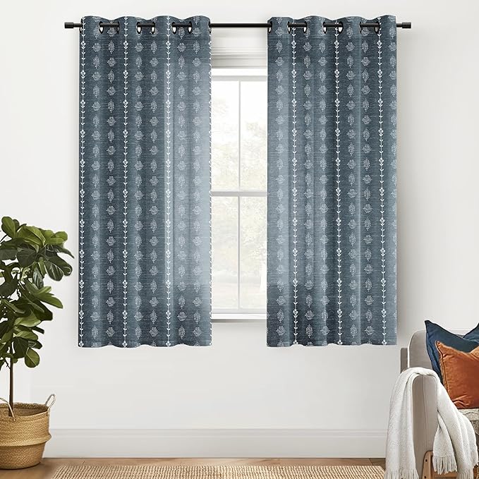 Denim Blue Modern Farmhouse Curtains, Vintage Dusty Blue Grey Chambray Linen Scandinavian Global Inspired Tie Dye Ikat Look Curtains for Living Room Bedroom