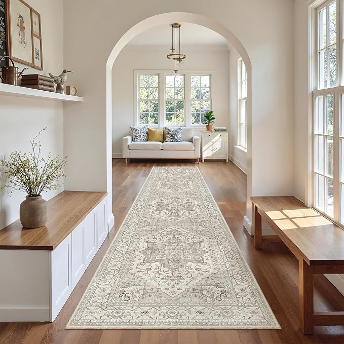 Madane Hallway Runner Rug 2'6''x12' Kitchen Runners Vintage, Beige/Brown | Non-Slip Washable Rugs 12ft for Laundry Room, Entryway and Bedroom, Soft Low Pile Stain-Resistant Wide 2.5x12 Ft Floor Carpet
