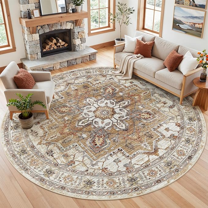 Madane Washable 8ft Circle Round Rug, 8x8 Circular Area Rugs, Turmeric/Grey | Non-Slip Vintage Floor Carpet for Living Room Dining Room, Low Pile Home Decor Mat For Bedroom Office Under Table