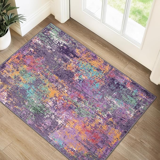 RELEANY Washable Area Rugs 2'x3' Non-Slip Modern Abstract Soft for Living Room Entryway Bedroom Kitchen, Print Pattern, Purple Orange Blue Green Rust Red Colorful