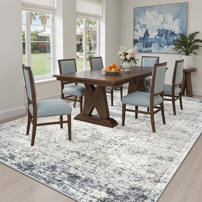 Soalmost 5x8 Area Rugs Blue Ivory Low Pile Indoor Washable Trendy Faded Style Rugs for Bedroom Living Room Dining Room Foldable Non-Slip Thin Print Home Office Mat