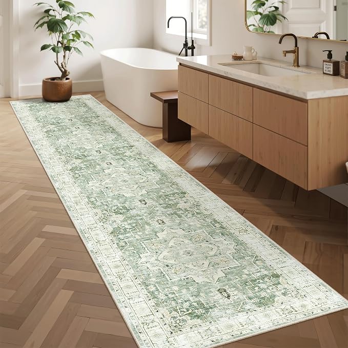 Madane Washable Runner Rugs 2x10 Long for Hallway Kitchen, Green/Ivory | Non-Slip Low-Pile 10ft Rug Runners Soft, Stain-Resistant Floor Carpet Mat for Entrance, Living Dining Laundry Room, Stair