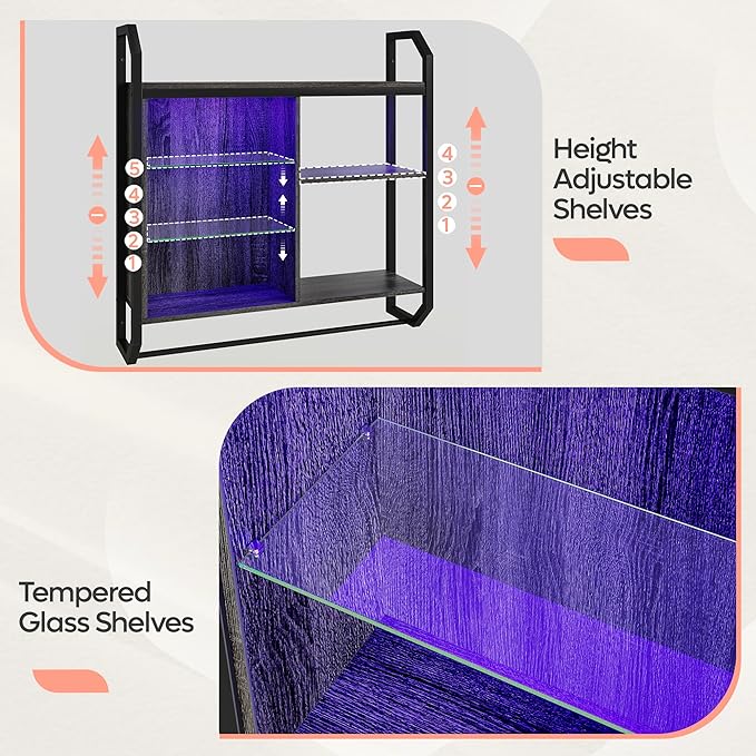 Bestier Gaming Floating Shelves, 34" LED Wall Mounted Shelf with Adjustable Glass Shelf, Pipe Shelves Hanging Display Rack Bookshelf with 6 S-Hook, Gaming Room Decor Wine Coffee Bar Black