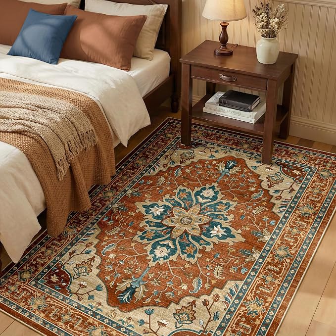 RELEANY Area Rugs 3'x4' Washable Non-Slip, Floral Vintage Distress Medallion Carpet for Living Room Bedroom Dining Room, Red Orange Blue Brown