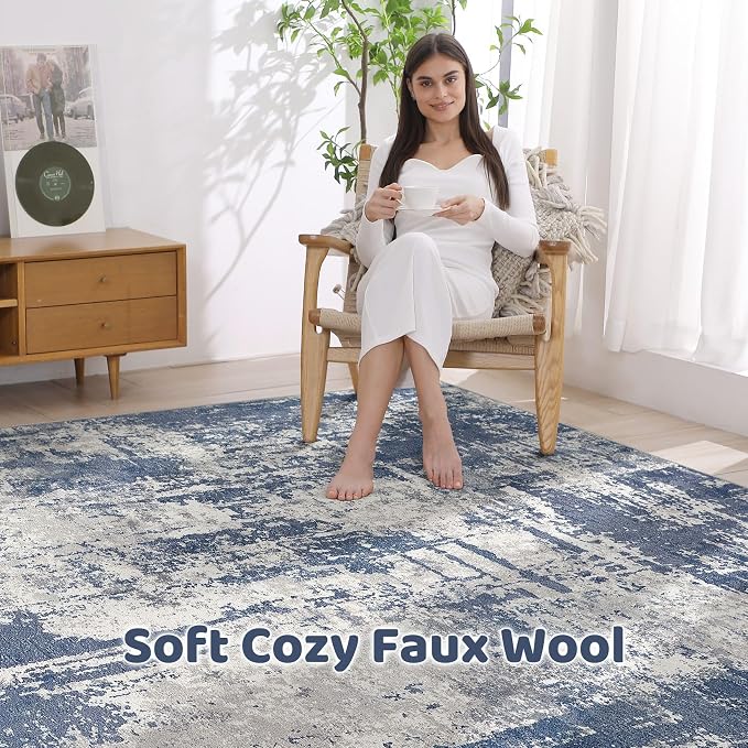 8x10 Area Rugs Living Room: Washable Large Abstract Modern Soft Rug Stain Resistant Indoor Floor Non Slip Accent Carpet for Bedroom Nursery Playroom Dining Room Office Dorm Home House- Navy Grey