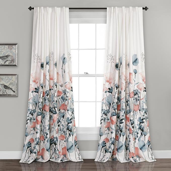 Lush Decor Zuri Flora Light Filtering Window Curtain Panel Pair, 95" x 52", Blue & Coral, 95 in x 52 in, Blue and Coral