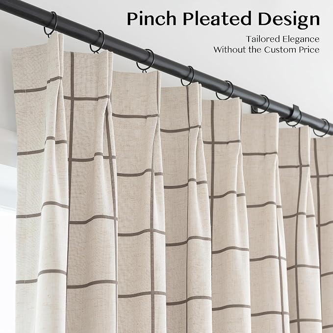 THREE GIRLS Pinch Pleated Plaid Curtains Blackout Linen Gingham Brown Curtains for Living Room,Bedroom Checkered 72 Inches Long Double Layer 2 Panels Set Luxury and Modern Printed Design Darkening