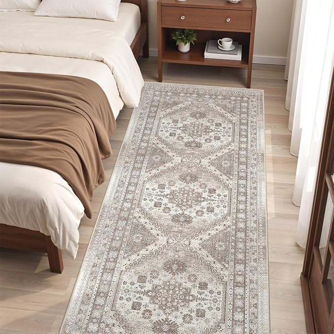 befbee 2.6'x8'Non Slip Runner Rugs - Runners for hallways, Kitchen,Entryway,Stain Resistant Washable Rugs for Bedroom, Indoor Vintage Area Rugs (Brown/Beige, 2.6'x8')