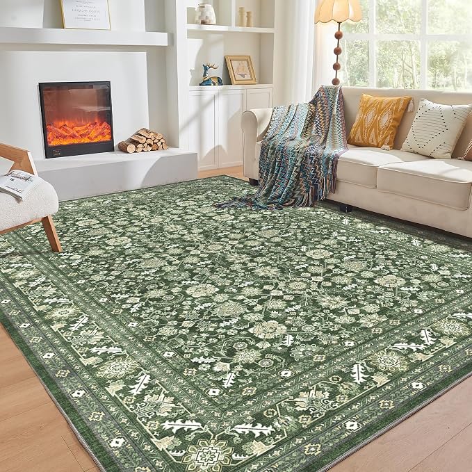 OPPODREAM Low-Pile Area Rugs, Faux Wool Carpet for Living Room, Kitchen, Office, Dorm, Bedroom, Vintage Washable Rug Non Slip, Dark Green, 5'x7'