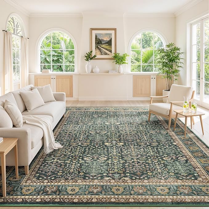 Lofus 8x10 Large Green Area Rug for Living Room & Bedroom Washable Non-Slip | Soft Boho Vintage Area Rugs for Bedroom Dinning Room Home Office Indoor