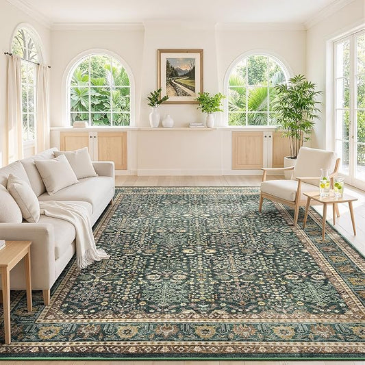 Lofus 8x10 Large Green Area Rug for Living Room & Bedroom Washable Non-Slip | Soft Boho Vintage Area Rugs for Bedroom Dinning Room Home Office Indoor