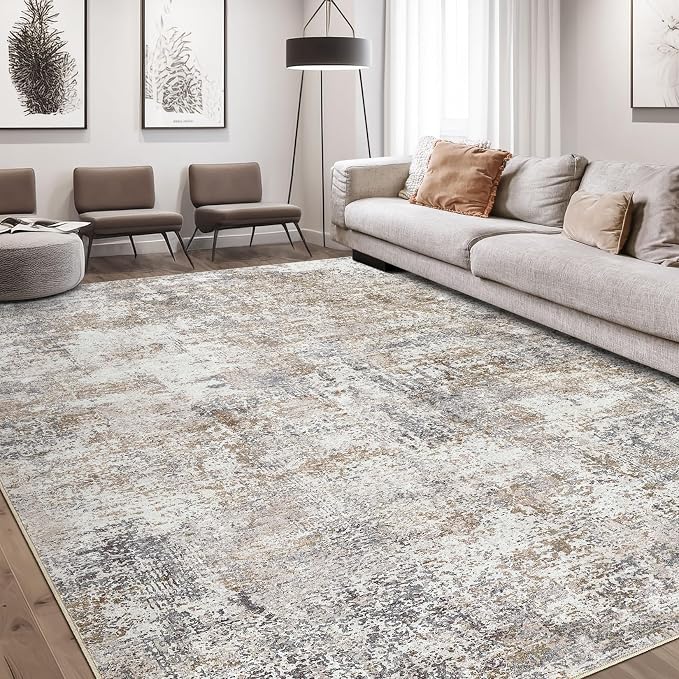 DMOYEST Area Rug Living Room Rugs - 7x9 Abstract Large Soft Indoor Washable Rug Neutral Modern Low Pile Carpet for Bedroom Dining Room Farmhouse Home Office - Brown/Grey/Black
