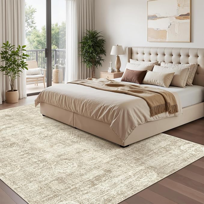 Madane 5x7 Area Rugs for Living Room, Washable Vintage Natural Beige Rug with Non-Slip Backing, Soft Floral Print Throw Rugs Floor Low Pile Carpet for Bedroom Dining Room Farmhouse