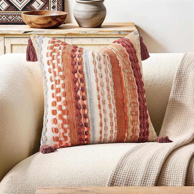Kevin Textile 18x18 Inch Throw Pillow Cover 1 Pack Fall Boho Decorative Soft Chenille Thread Woven Tufted Textured Square Cushion Case Farmhouse Accent for Living Room Couch Sofa Bed, Burnt Orange