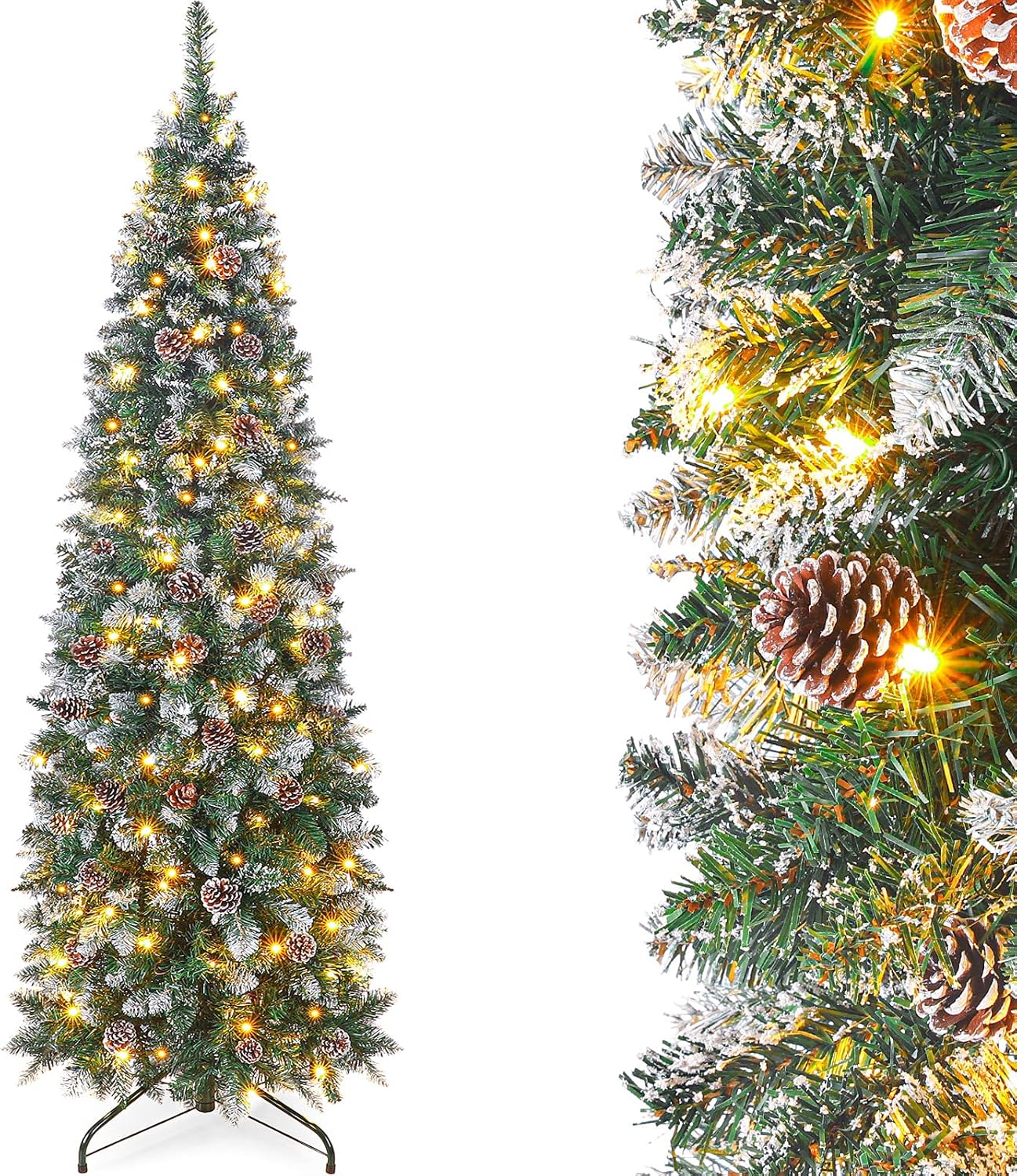 Homde Pencil Christmas Tree 7 Foot Pre-Lit Artificial Christmas Tree with Flocked Snow Pine Cone 210 Warm White Light Holiday Decor