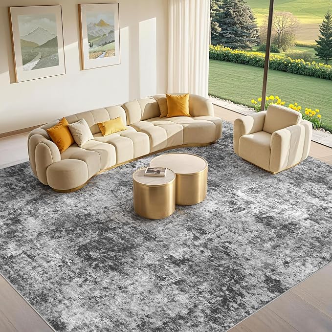 Tortania Washable 10x13 Area Rug for Living Room: Modern Abstract Neutral Large Soft Thin Rugs - Non Slip Indoor Carpet for Bedroom Dining Room Office Nursery Home Floor Decoration - Charcoal Grey
