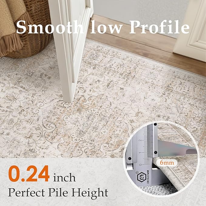 3x5 Washable Area Rug Beige Vintage Non Slip Soft Low Pile Rug for Entryway Kitchen Bathroom Distressed Oriental Throw Carpet for Living Room Bedroom Home Decor