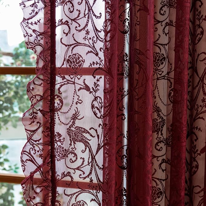 TUDECO Burgundy Sheer Curtains 84 Inches Long for Living Room - Luxury Modern Maroon Red Sheer Curtains for Bedroom, Aesthetic Tulle Rod Pocket Light Filtering Farmhouse Red Drapes, 59 x 84 Inch