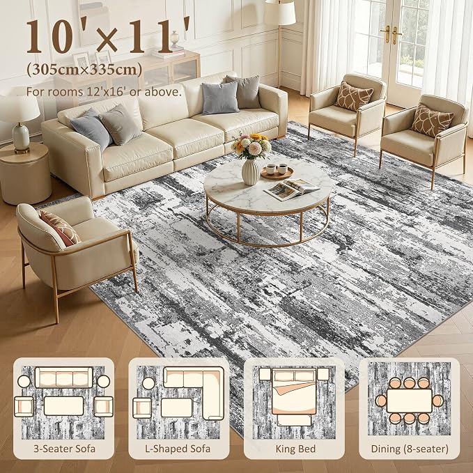 Area Rugs for Living Room: 10x11 Abstract Washable Rug Modern Neutral Large Soft Stain Resistant Non-Slip Backing Machine Table for Bedroom Dining Room Indoor Home Office Carpet - Black Grey
