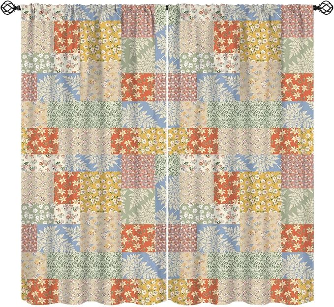 Boho Patchwork Floral Blackout Curtains Pieced Patchwork Plaid Design Farmhouse Yellow Print Window Drapes for Bedroom Living Room Kitchen Cafe （W36xL63 Inch） x2 Panels