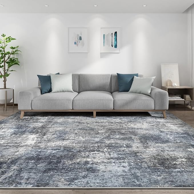 Abstract 10x14 Area Rug: Machine Washable Non Slip Ultra Thin Low-Pile Carpet, Soft Stain Resistant for Living Dining Room Bedroom, Kid Pet Friendly, Robot Vacuum Compatible - Dark Grey/Blue