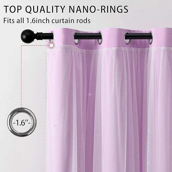 XiDi Purple Blackout Curtains for Kids Girls Bedroom 2 Panels 84 Inches Long Star Cut Out Nursery Curtain Princess Mermaid Wall Decor Room Darkening Double Layer Window Drapes Grommet Lilac W52 x L84