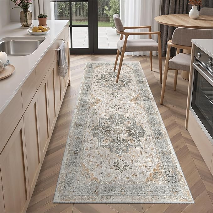 Madane Hallway Runner Rug 2x5 Washable Entry Rugs Soft, Light Taupe Brown | Vintage Printed Low-Pile Kitchen Runners, Non-Slip Low-Pile Stain-Resistant Throw Carpet for Bedroom Entrance Laundry Room