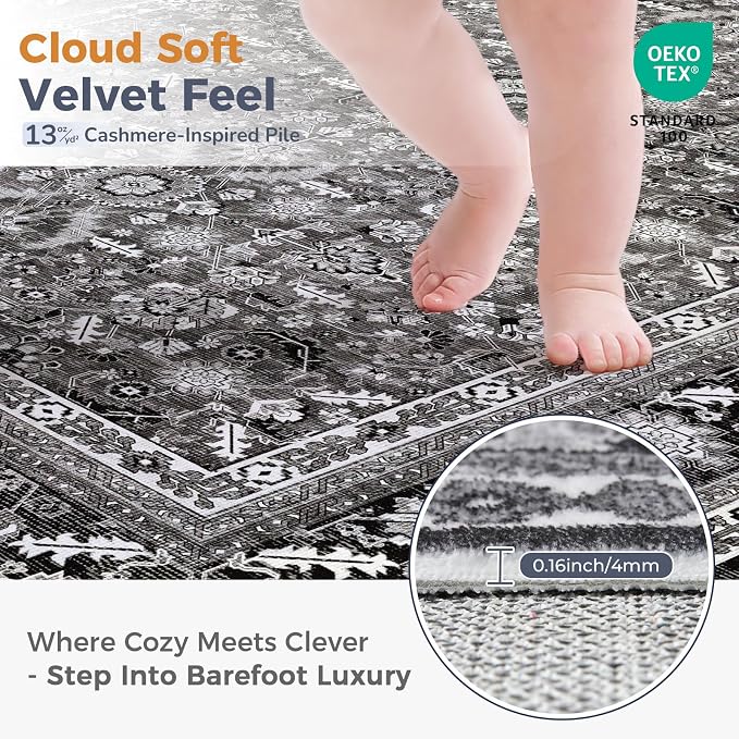OPPODREAM Vintage Black Area Rugs 10x14, 10 x 14 Retro Washable Rug Non Slip, Low-Pile Faux Wool Carpet, Distressed Floor Mat for Living Room, Bedroom, Office, Dorm, Dinning Room, Big & Large