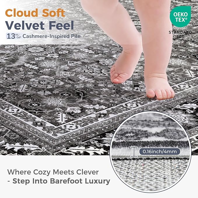 OPPODREAM Vintage Black 2x8 Runner Rug, 2 x 8 Retro Washable Rug Non Slip, Low-Pile Faux Wool Carpet, Distressed Floor Mat for Kitchen, Hallway, Entry-Way, Entrance, Indoor Back Door