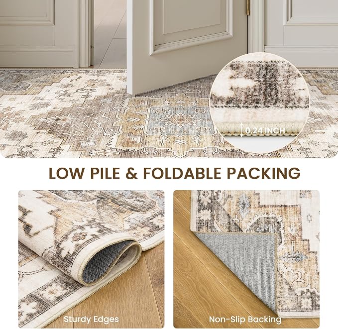 befbee 5x7 Area Rugs for Living Room, Stain Resistant Neutral Washable Rugs for Dining Rooms, Floral Vintage Non-Slip Thin Large Size Area Rug(Brown)