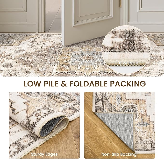 befbee 6x9 Area Rugs for Living Room, Stain Resistant Neutral Washable Rugs for Dining Rooms, Floral Vintage Non-Slip Thin Large Size Area Rug(Brown)