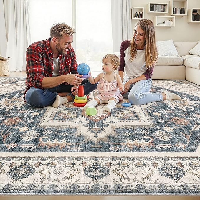 Area Rug for Living Room - 7x9 Washable Oriental Vintage Floral Distressed Large Soft Carpet - Fade Stain Resistant Non Slip Rugs for Bedroom Dining Room Nursery Dorm Office Home Decor - Vintage Blue