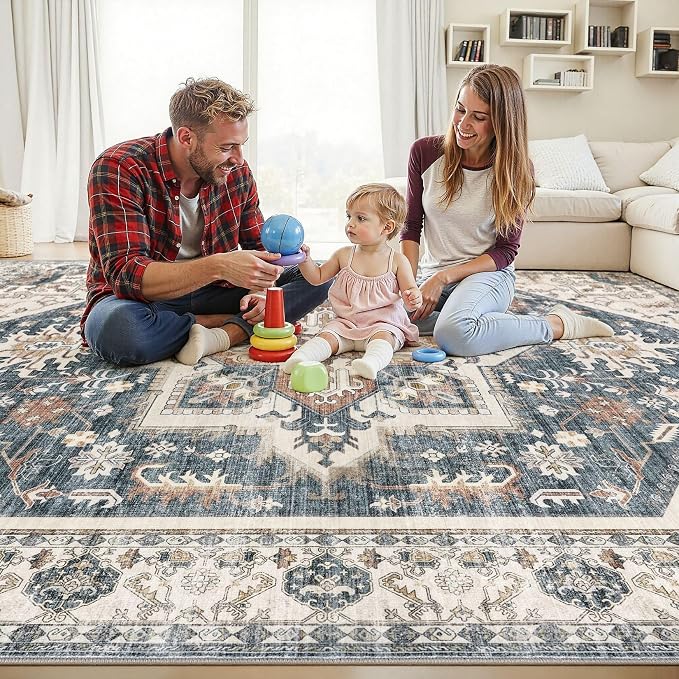 9x12 Area Rugs for Living Room - Large Carpet Ultra Thin Soft Washable Oriental Vintage Floral Distressed Rug Big Indoor Carpets for Bedroom Nursery Dorm Home Decor Aesthetic - Vintage Blue