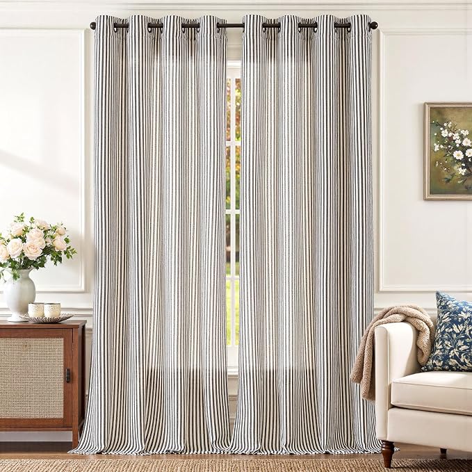 jinchan Linen Curtains 96 inch Black Stripe on Beige Grommet 2 Panels | Curtains for Living Room Bedroom,Ticking Stripe Pattern,Pinstripe Farmhouse Rustic,Window Treatment,Light Filtering