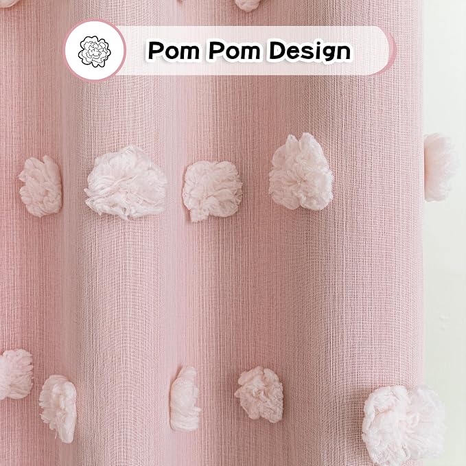 MYSKY HOME Double Layer Curtains for Girls Bedroom Kids Curtain Pink Pom Pom Sheer Window Curtains 2 Panels Pink Curtains Grommet Room Darkening Solid Nursery Curtains 63 Inches Length, W52 X L63