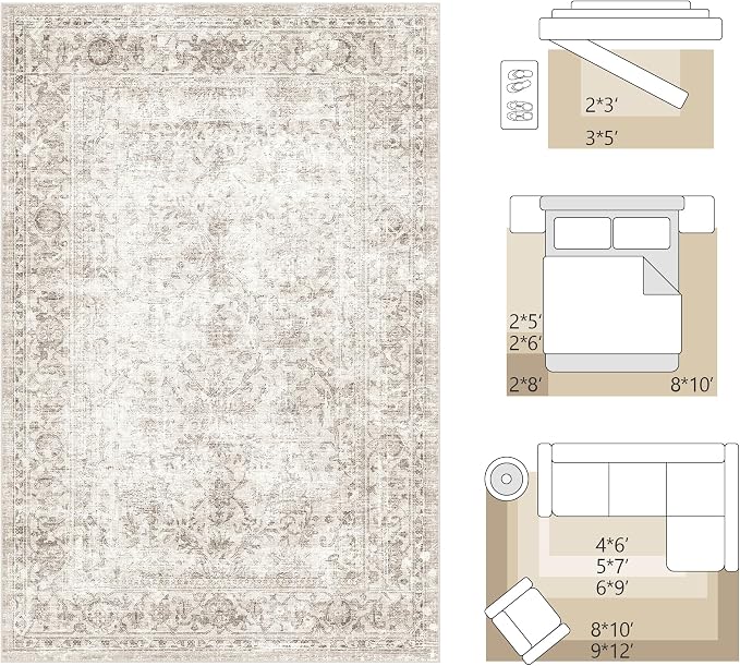 FMFUNCTEX 3x4 Washable Area Rug Beige Vintage Neutral Non Slip Low Pile Traditional Retro Indoor Carpet for Entryway Entrance Soft Floral Throw Rug Living Room Bedroom Kitchen Dining Office Laundry