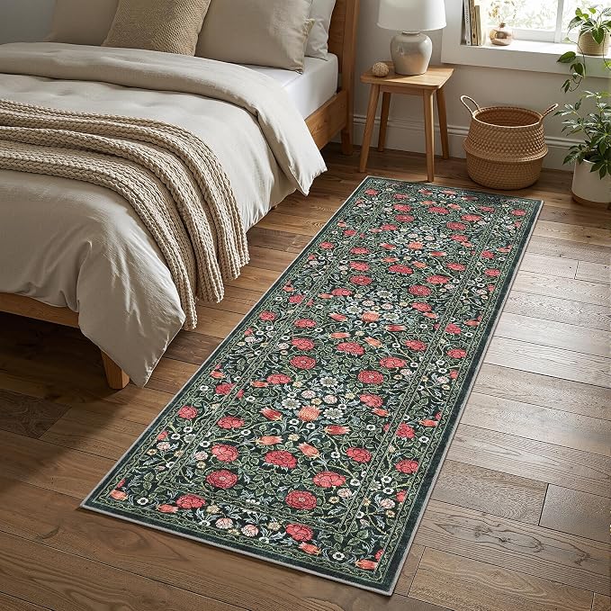 GarveeHome Green Vintage Floral 2x6 Runner Rug Washable Kitchen Rugs Non Slip Boho Long Rug for Hallways Bedroom Entryway Bathroom Mat with Rubber Back