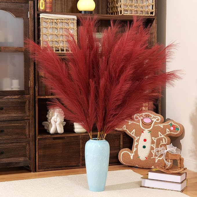 Premium Faux Ruby Red Pampas Grass – 43.3" Tall Fluffy Vibrant Decor, 8pcs 18-Branch One-Piece Stems No Assembly, Luxury Silk-Feel Feather Flowers for Bold Boho Decor, Jewel Tone Red 8 Stems110cm