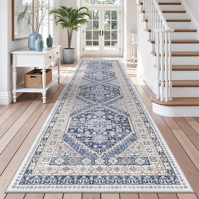 zesthome 3x12 Runner Rug for Hallway, Non-Slip Long Bathroom Rugs Runner for Kitchen, Bedroom, Soft Vintage Abstract Washable Rug for Entryway, Thin Floor Mat for Dining Room(Blue/Beige,3'x12')
