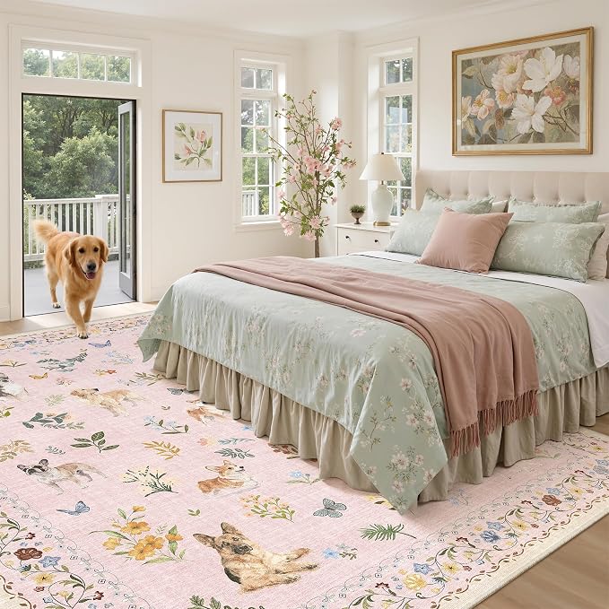 Soalmost Dog 8x10 Pink Area Rugs for Baby Girl Nursery, Washable Animal Floral Vintage Rug Non-Slip Low Pile Soft Throw Rugs for Living Room Dining Room Bedroom Playroom Classroom (8 x 10,Pink)