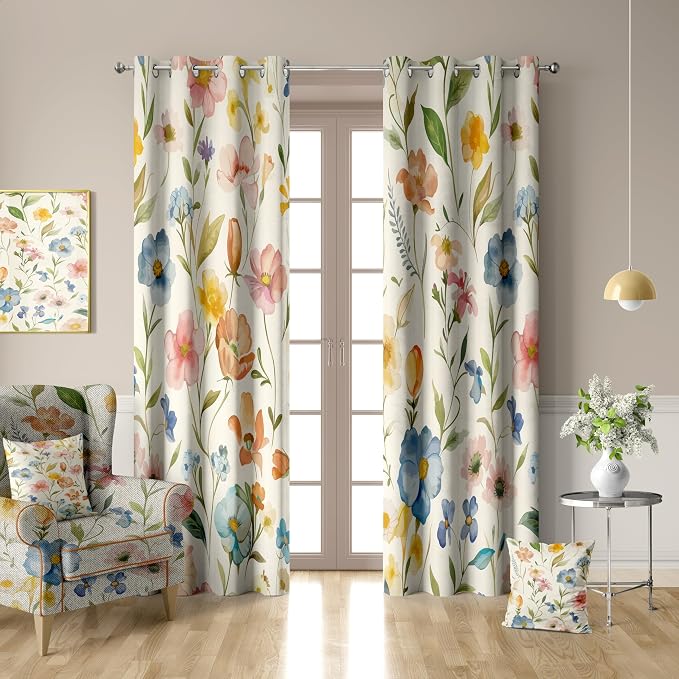 Boho Floral Blackout Curtains, Vintage Watercolor Wildflower Botanical Plant Leaves Room Darkening Thermal Insulated Grommet Window Drapes for Living Room Bedroom Decor 2 Panels 52x96 Inches