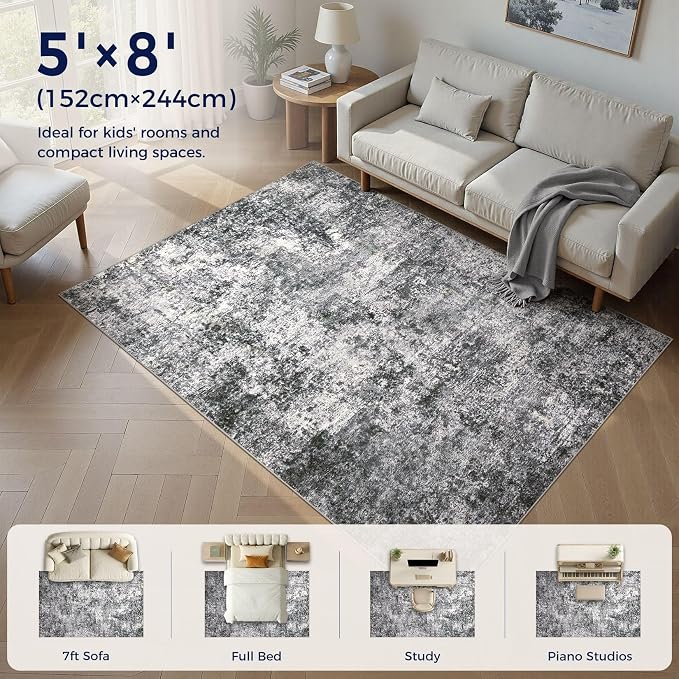 Area Rug Living Room Rugs - 5x8 Large Soft Indoor Neutral Modern Abstract Low Pile Washable Rug Carpet for Bedroom Dining Room Farmhouse Home Office - Grey