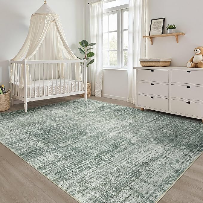 10x12 Area Rug Living Room: Washable Large Neutral Rugs Abstract Soft Modern Stain Resistant Indoor Floor Non-Slip Carpet for Bedroom Nursery Kids Office Playroom Dining Room Under Table- Dark Green