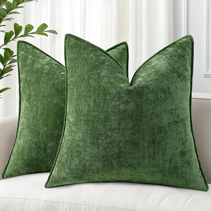 decorUhome Fall Couch Euro Sham Throw Pillow Covers 26x26 Set of 2, Decorative Soft Velvet Modern Cozy Chenille Pillow Cases with Elegant Design for Sofa Bed Living Room Home Decor, Moss Green