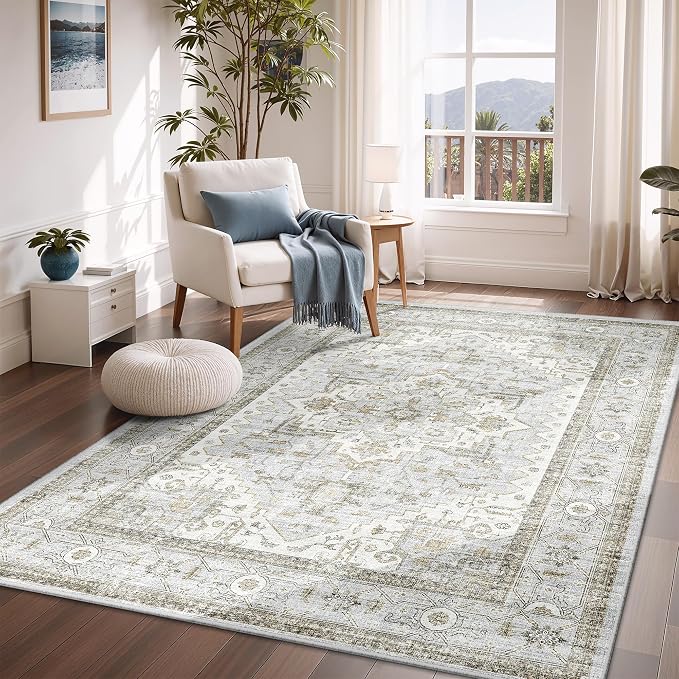 Area Rugs for Living Room - 4x6, Boho Non-Slip Low Pile Carpet Washable Rugs for Bedroom,Office, Dining Room Blue